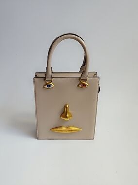 Designer-Inspired Grey Face Lips Nose Eyes Motif Leather Tote Brand New